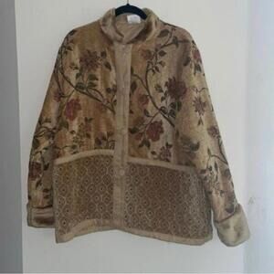 Vintage Antique Floral Jacket Tapestry Print Faux Fur and Suede Trim Collar